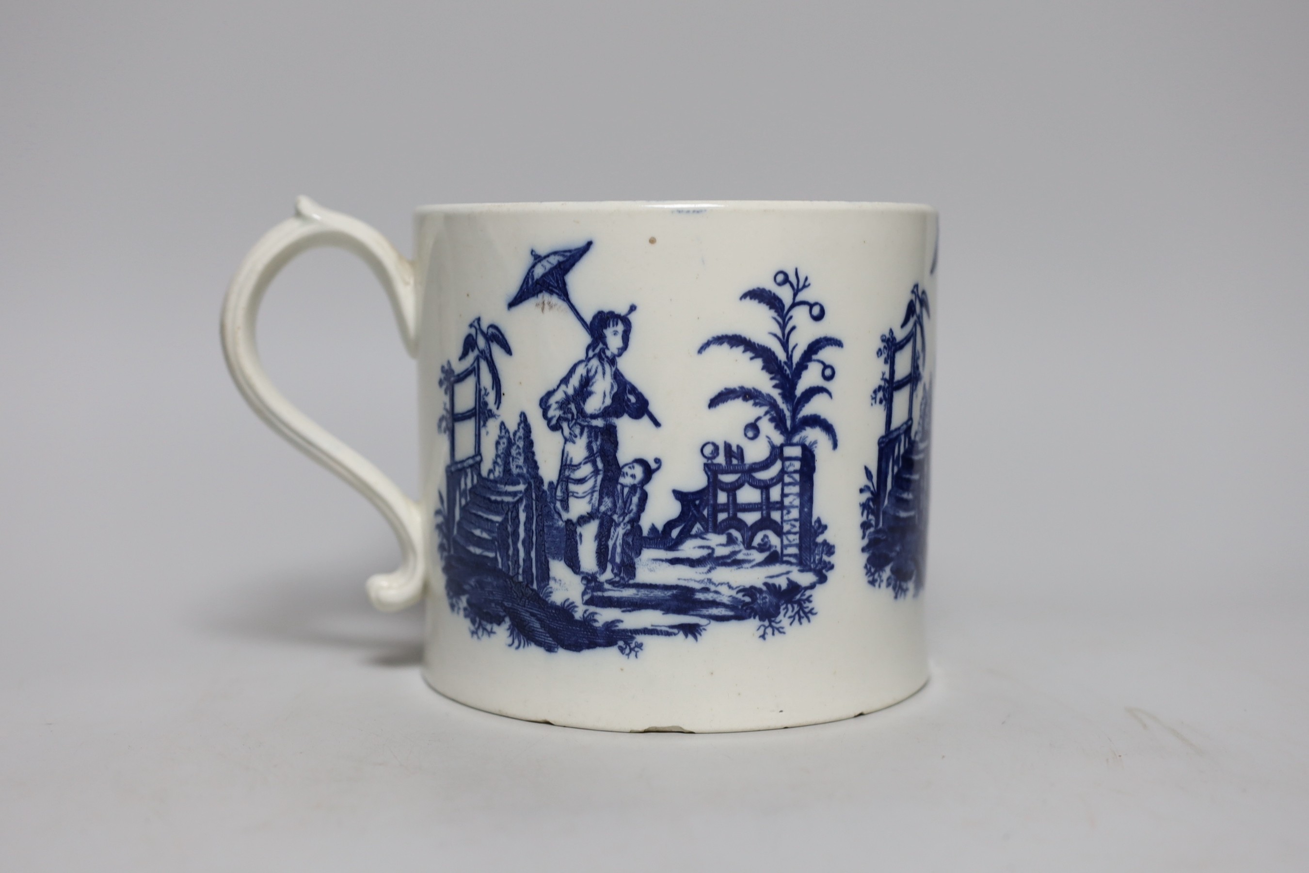 An 18th century large Caughley cider mug, decorated with La Peche and Le Promenade, height 13.5cm